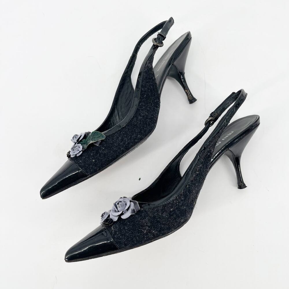 Miu Miu Vintage Wool Patent Cap Toe Floral Appliqué Slingback Heels IT 38 - Picture 4 of 13